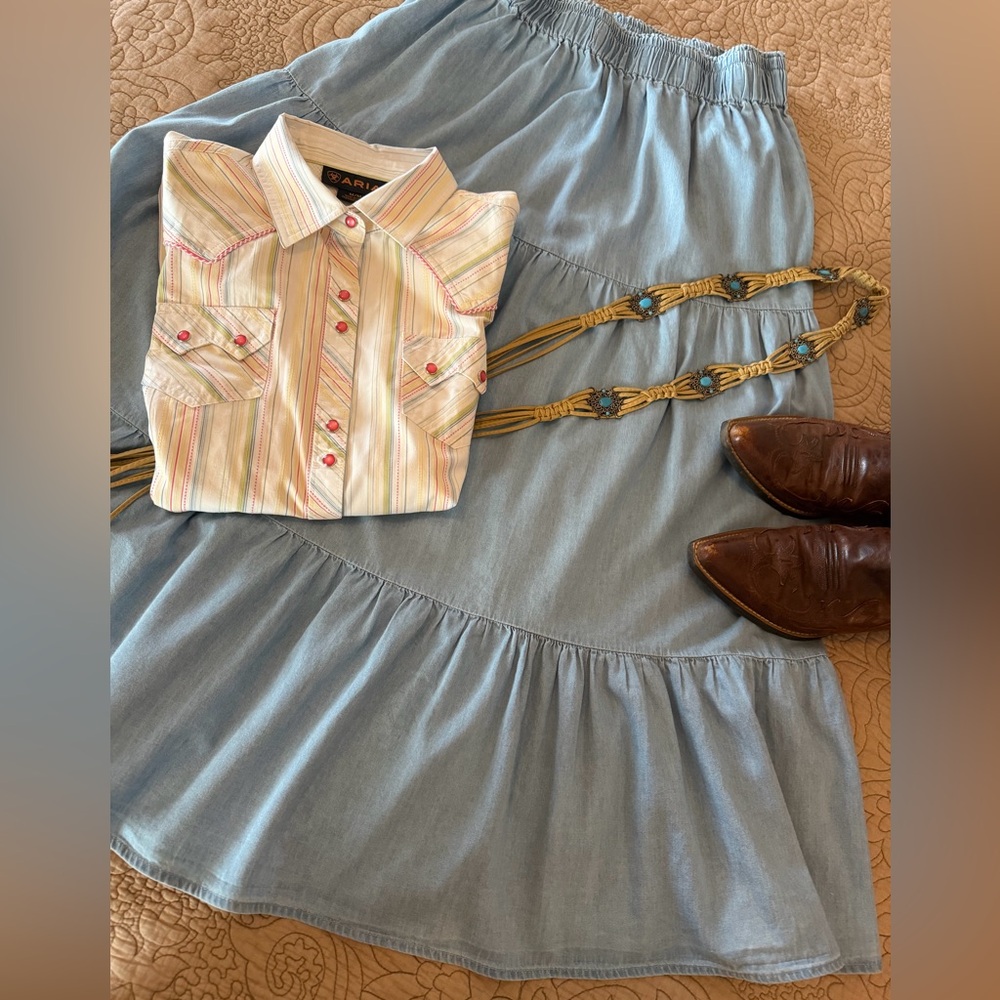 Tronjori Light Blue Chambray Denim Tiered Ankle Maxi Western Prairie Skirt, M - Picture 13 of 13